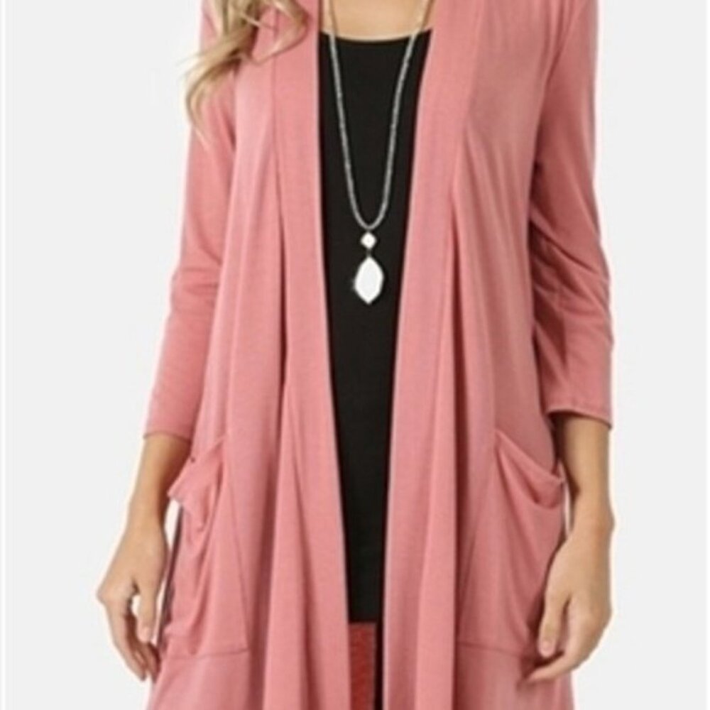 Zenana Minimalist Wide Lapel Open Square Pockets Casual Duster Cardigan Small